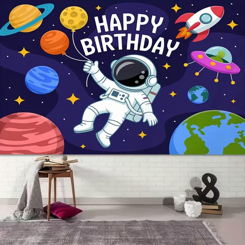 2D Astronaut Space Happy Birthday Backdrop Kids Birthday Party Photography Background Banner