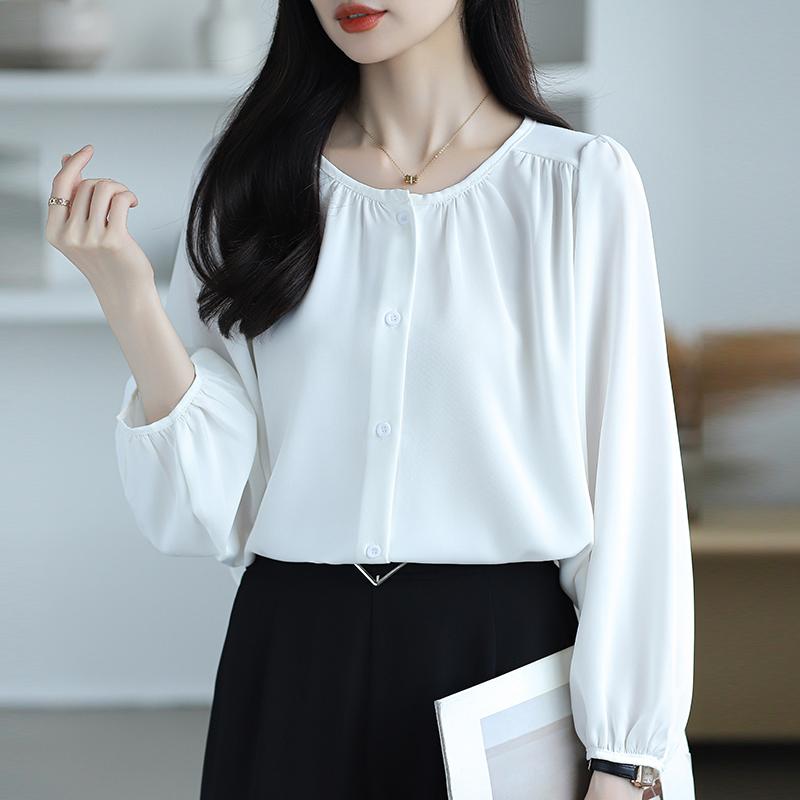 New Fashion Lantern Sleeve Loose Casual Blouse Women Single Breasted Elegant Solid Vintage Shirts Women Tops Round Neck Plus Size Ladies Blouses 26335