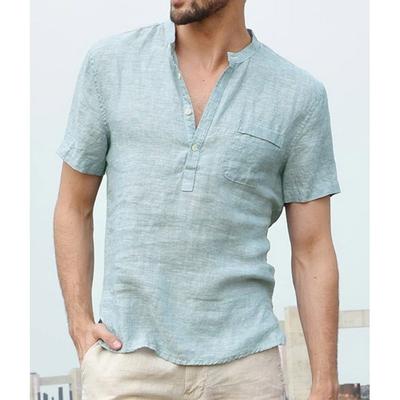 Camicia da uomo estiva a maniche corte in lino di cotone tinta unita tasca con bottoni sul collo semiaperta camicie nere S-5XL