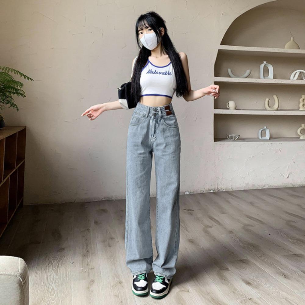 Double-button Straight Wide-leg Jeans Women's Leather Brand 2025 Autumn and Winter New Versatile and Thin Floor-mopping Jeans