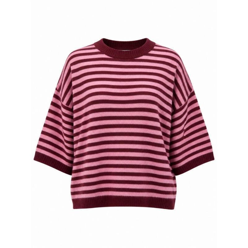 Women Loose Fit Crew Neck 3 4 Sleeve Striped Knit Sweater