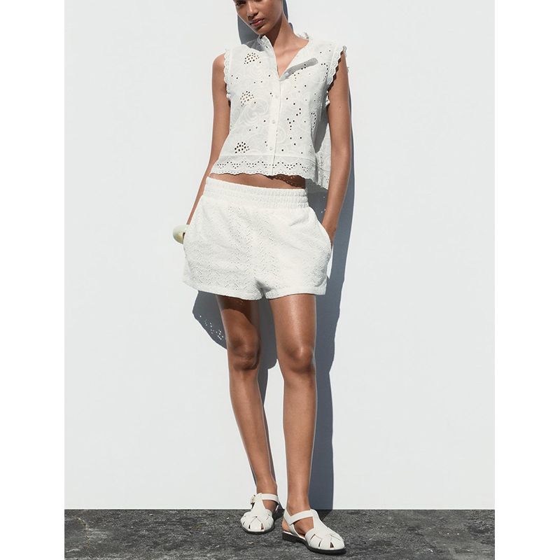 Summer Women's Clothing French Style Design Single-Breasted Cut Out Embroidered Crew Neck Sleeveless Casual Tops 4387031