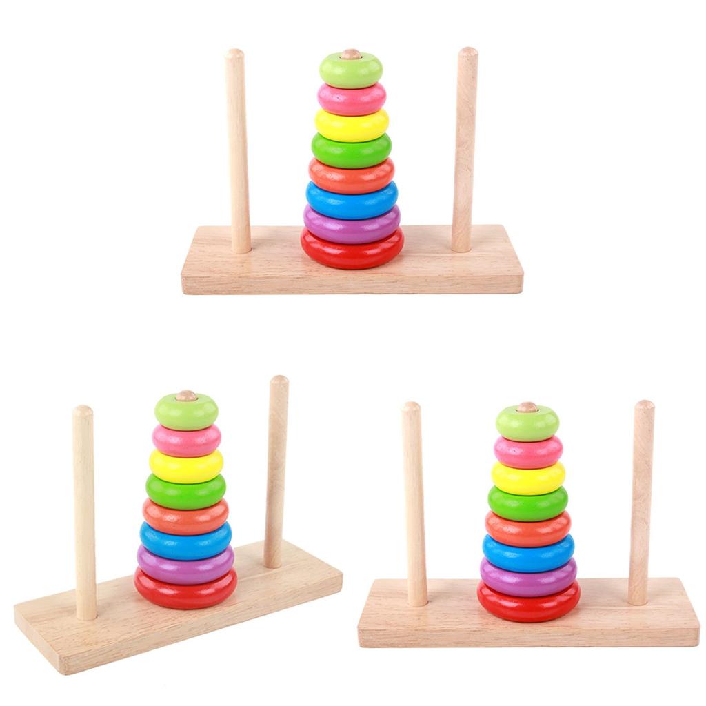 Wooden Toy Tower Of Hanoi Puzzle With Rainbow Rings For Kids Educational Play