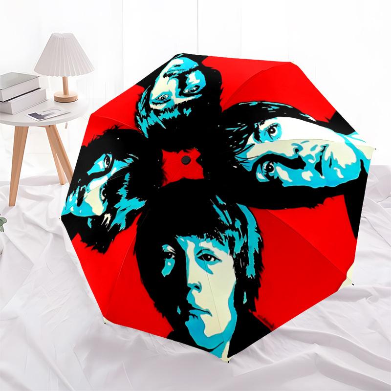 1 Stück Beatles Kunstwerk Automatisches Öffnen/Schließen, 8-Rippen Eisenrahmen, Kompakter Faltregenschirm Ganzjahres-Tragbarer Regenschirm für Reisen, Pendeln