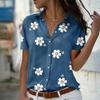 YYFS Women's Fashion Casual Summer Spring Flower Pattern Print Short Sleeve POLO Neck Blouses & Shirts