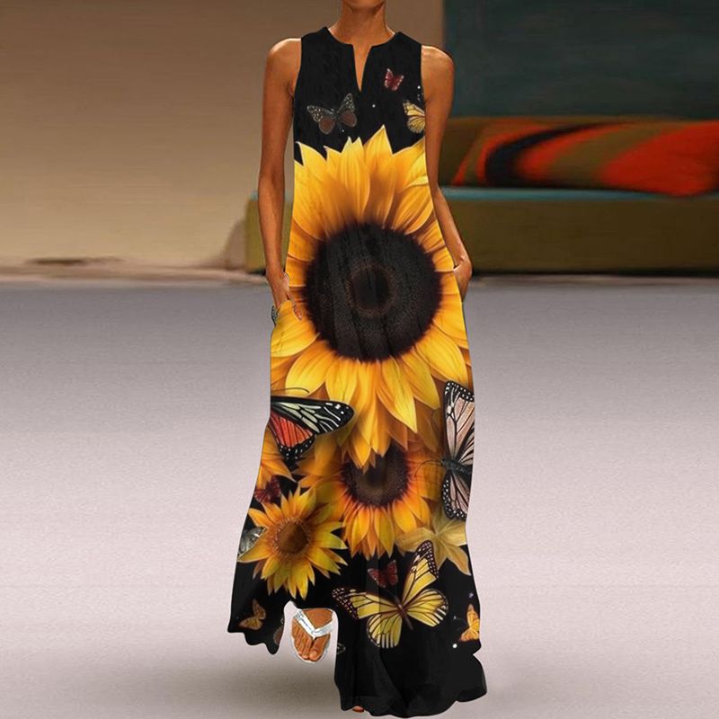 Fashion Plus Size Fancy Dress 3D Print Fashion V Neck Pocket Long Dress Large Swing Sexy Sleeveless Beach Dress