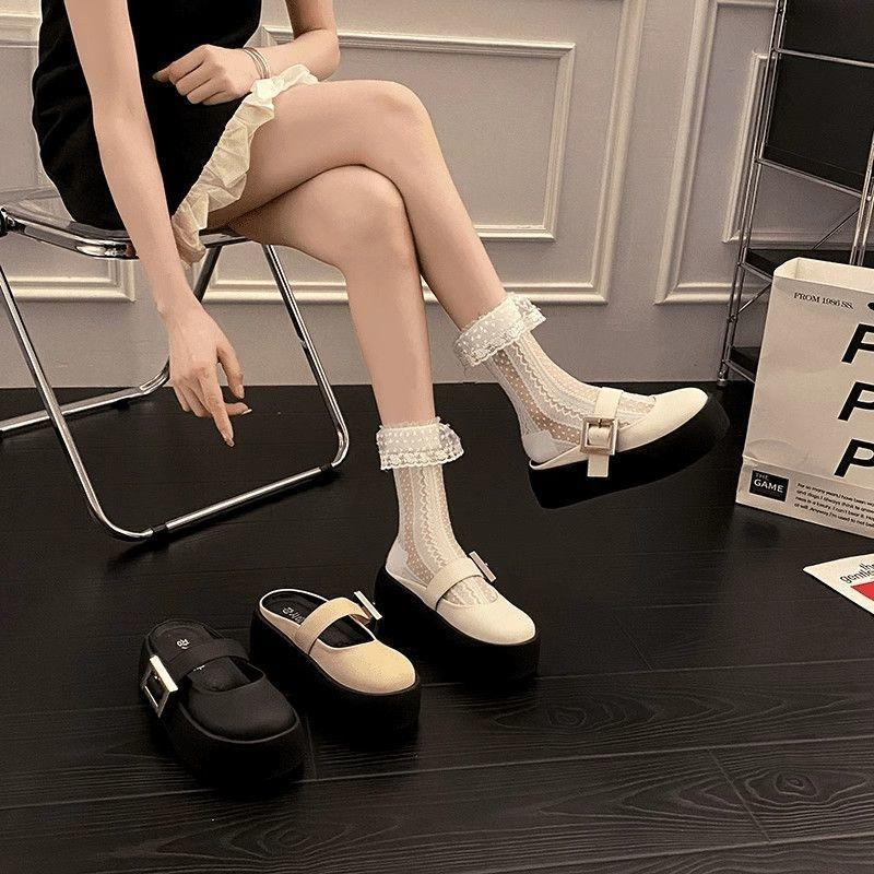 Design sense bag head heightened thick bottom half slippers women's summer wear new niche belt buckle breathable sandals