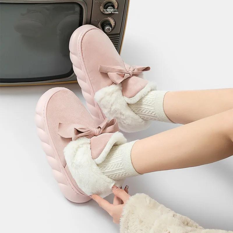 Fashion 2025 New Winter Warm Slippers Women Home Floor Shoes Soft Plush Lace-up Female Indoor Street Snow Boots Girls Platform Footwear