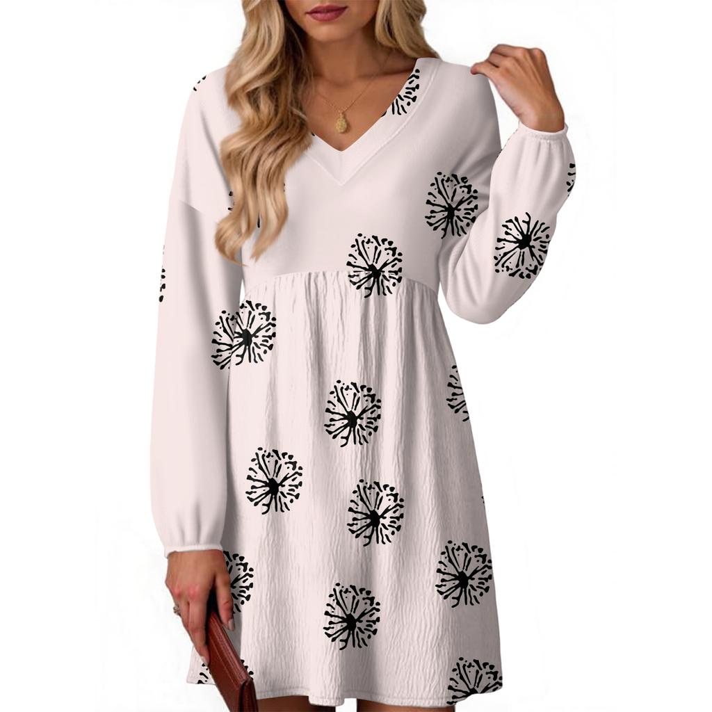 Women's Fashion Floral Print V-Neck Long Sleeve Dress