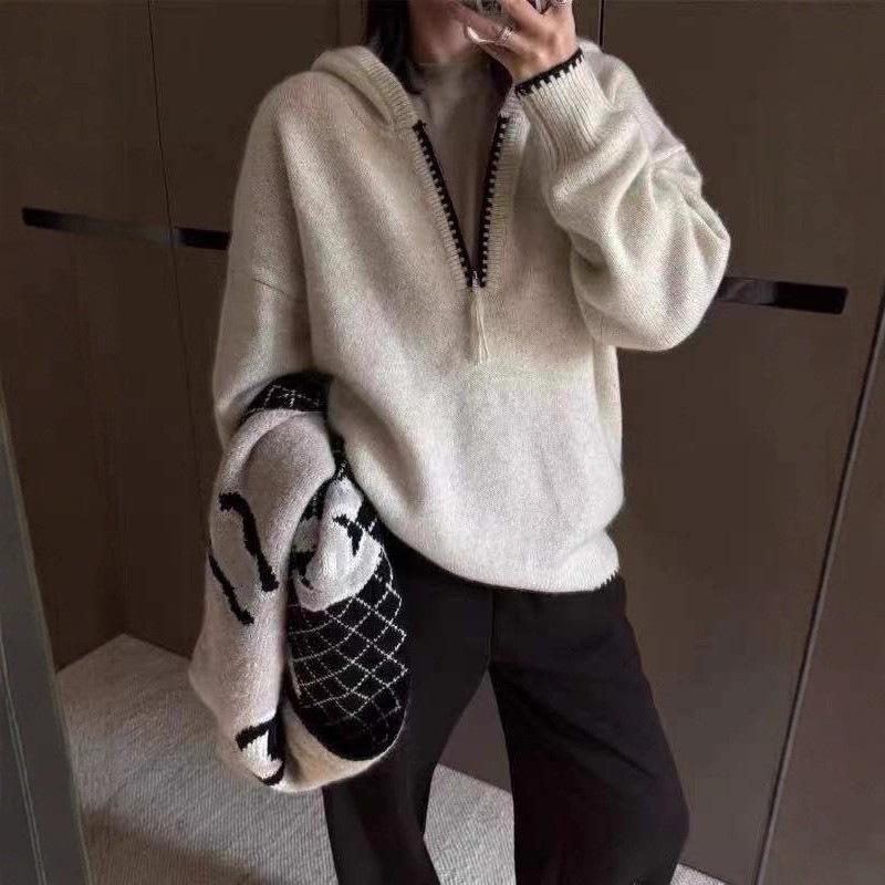 Women s Half-Zip Hooded Sweater - Autumn/Winter Loose High-End Knit Pullover M