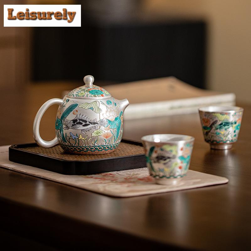 Creative Fish Algae Patterned Gilt Silver Tea Set Complete Set Retro Tea Ceremony Set Teapot and Tea Cup Set Tea Item Decoration