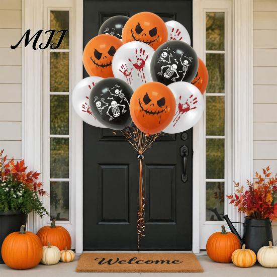 Ceiling And Wall Party Accents 12PCS Halloween Decoration Balloons, with Skeleton Ghost Pumpkin Bat Patterns, Spooky Balloon Decorations Latex