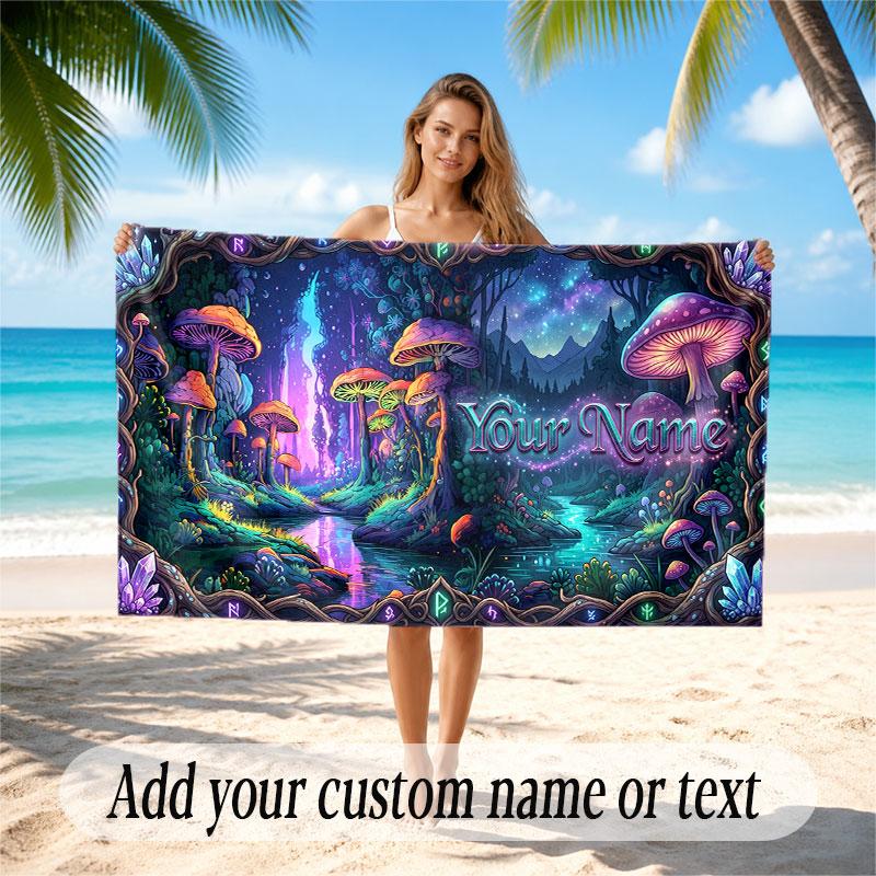 Mushroom Forest Theme Soft Beach Towel Personalized Custom Name Text Towel Portable for Beach Pool Travel