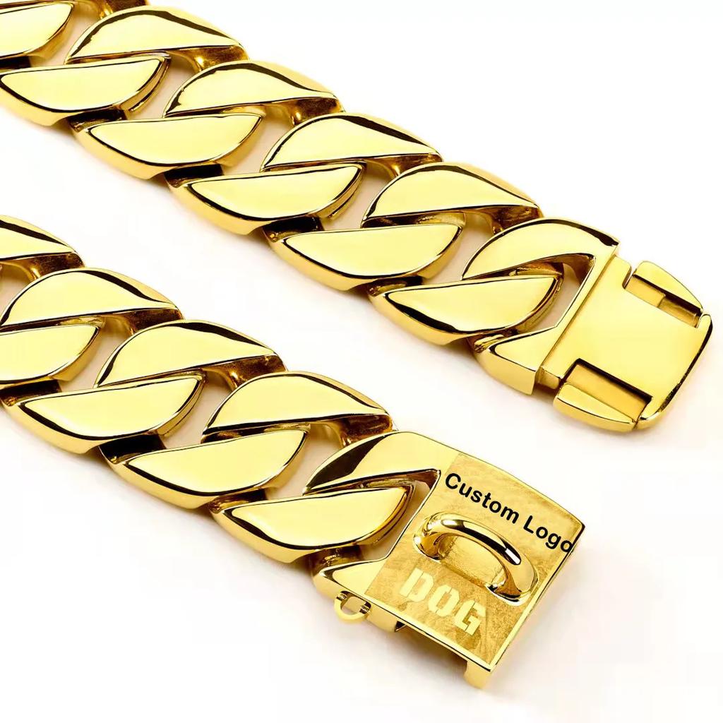 Chunky Heavy Duty Big Stainless Steel Dog Collar, Gold Cuban Link, Dog Collar, 32mm, Pet Accessories