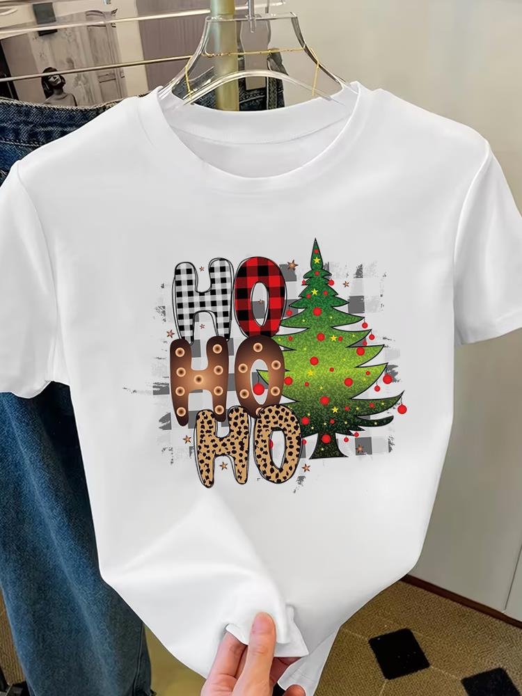 (Asian Size) Letter Lovely Cute Merry Christmas Fashion Short Sleeve T-shirts Women's Top O-neck T Shirt Print Casual New Year Clothing Graphic Tee
