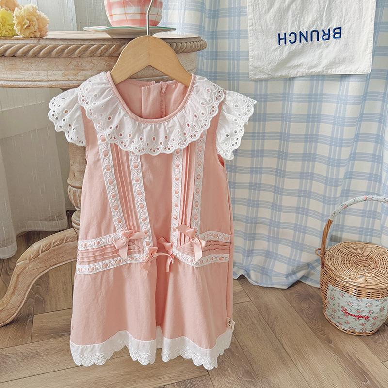 Girls Summer Heavy Lace Collar Sleeveless Princess Dress Elegant Floral Trim Party Vest Dress For Kids 90cm розовый