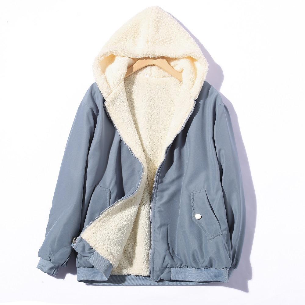 Jachetă groasă din bumbac lână de miel cu două fețe, Coreea, puf, de iarnă pentru femei, parkas cu glugă și fermoar