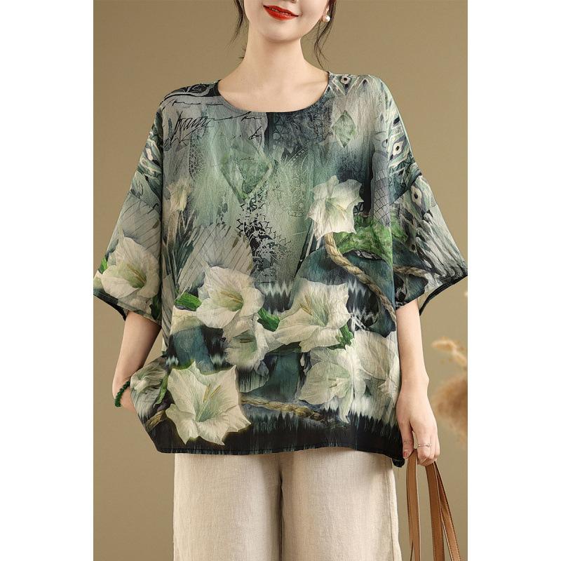 Ethnischer Stil Große Größe Weites Panasonic Swing Doll Shirt Sommerbluse Ethnischer Stil Druck Locker Rundhals Bequemes T-Shirt für Damen