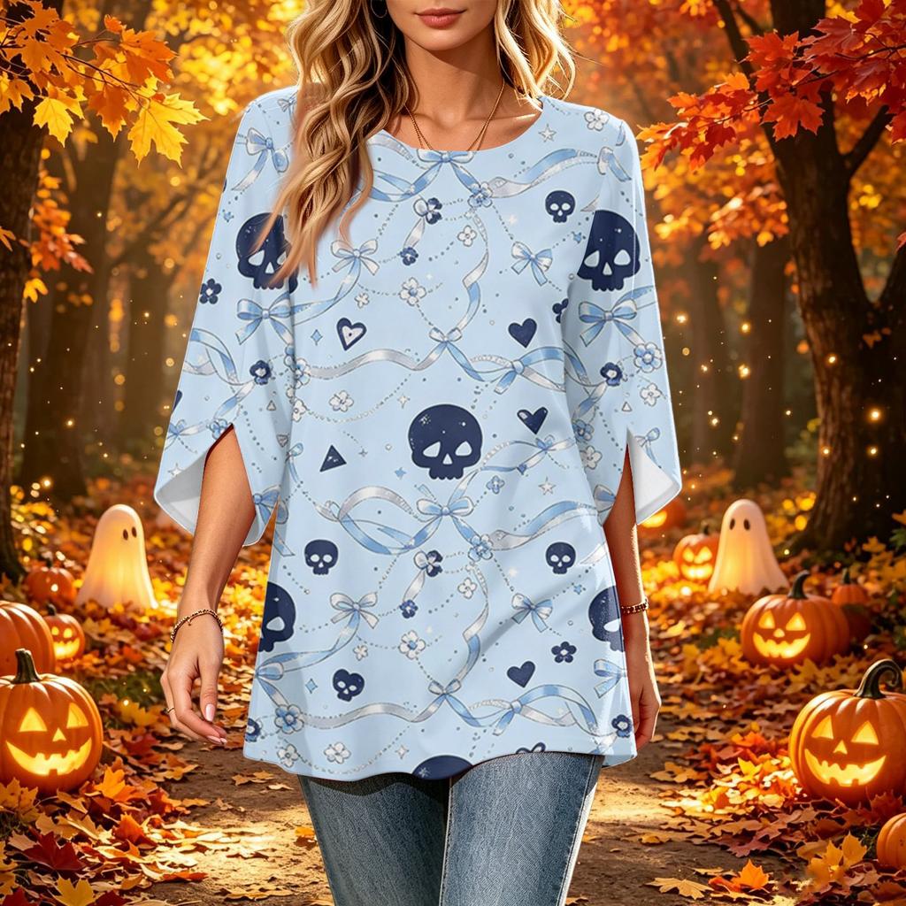 Women's Halloween Print Casual Top, Round Neck, Three-Quarter Sleeve, Loose Fit