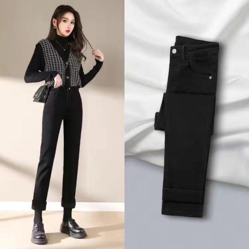 

Женские хлопковые брюки с высокой посадкой, флисовой подкладкой и эффектом похудения - Утепленные, осенне-зимние, в корейском стиле. Size 29: 111-120 lbs