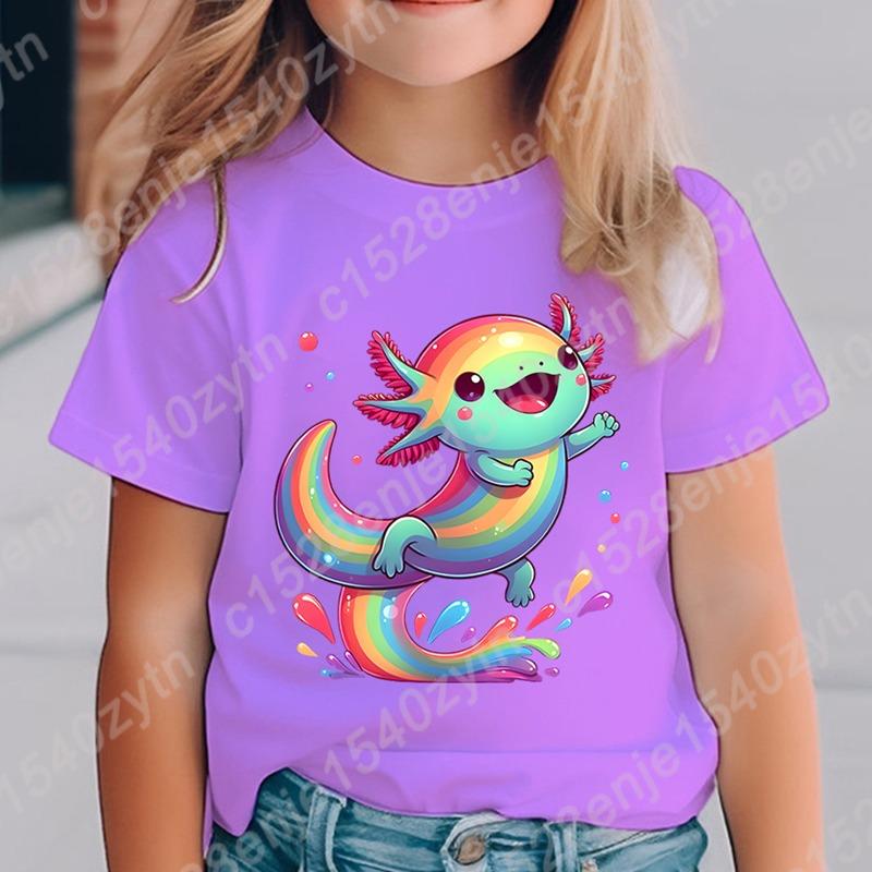 Axolotl Graphic Print Creative T-Shirts, Soft Comfy Crew Neck Short Sleeve Tee, Girls' Summer Tops
