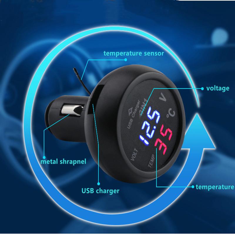 Universal 3-in-1 Car Voltmeter with USB Charger LED Digital Voltmeter Gauge Thermometer 12V/24V Cigarette Lighter Socket
