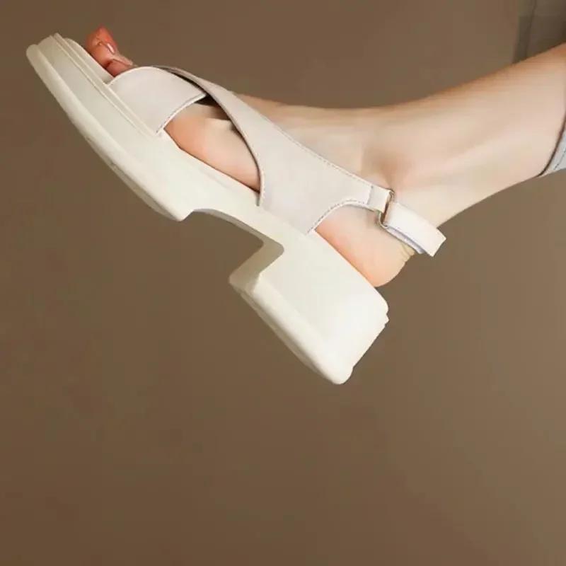 Fashion 2025 New Summer Sandal Women Open Toe Middle Heel Fashion Thick Bottom Women Shoes Leather Casual Solid Color Sandales for Women