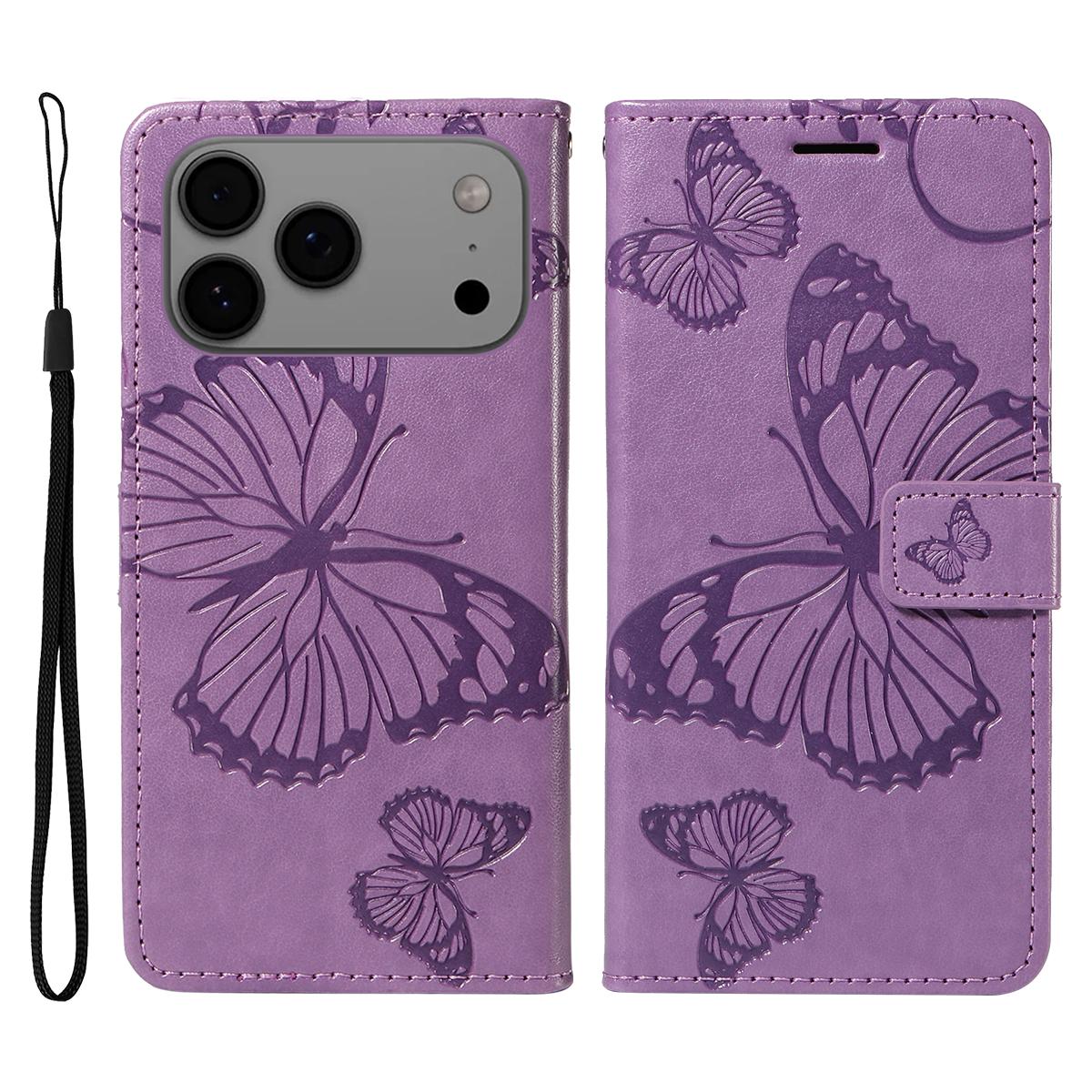 

For iPhone 17 Pro Max Wallet Case Floral Butterfly Imprinted Leather Phone Cover Stand Light Purple