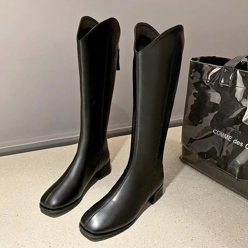 

2024 Новые модные сапоги до колена женские зимние толстые каблуки длинные без застежек осенние туфли женские длина 34-43 43 чёрный