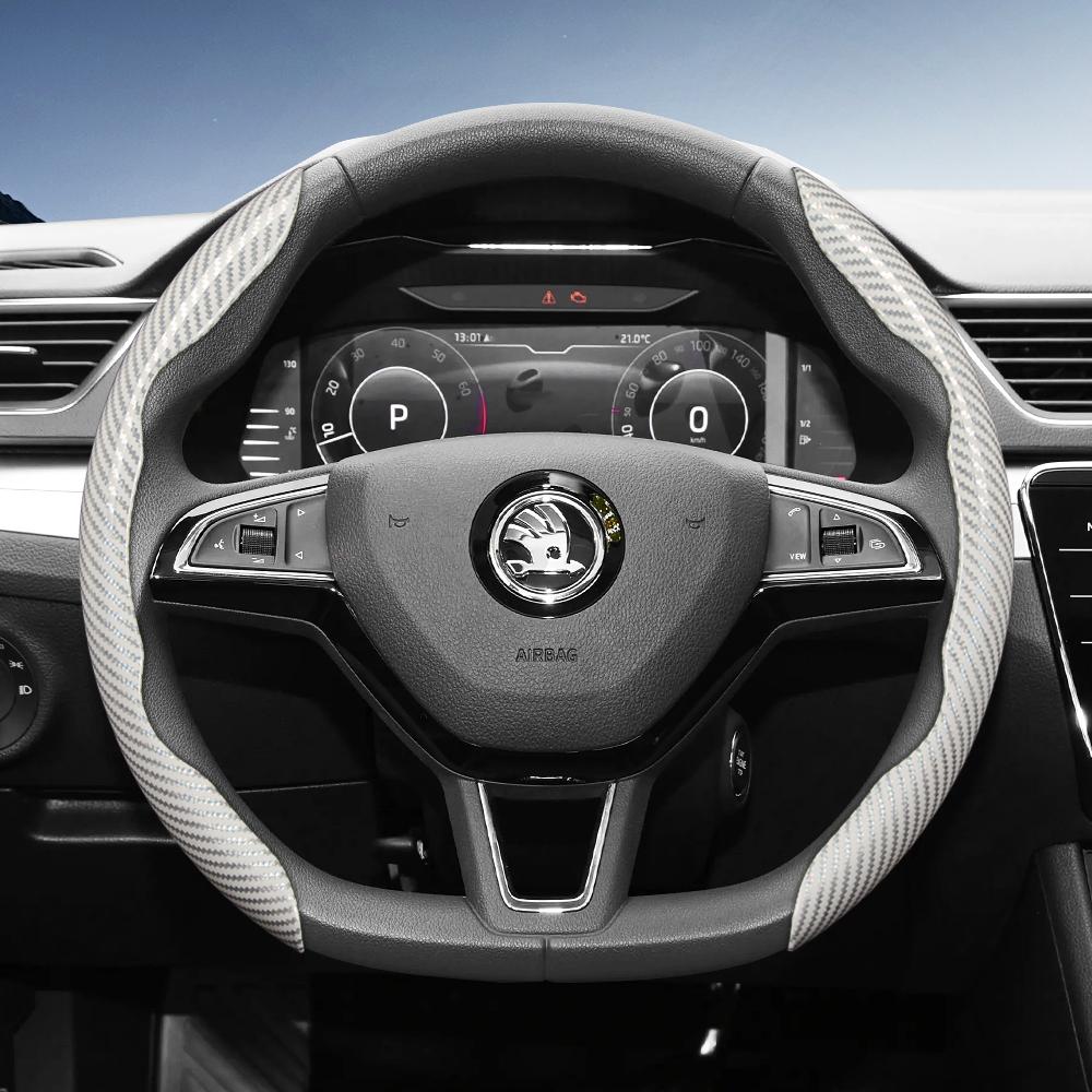 Suitable for Skoda Carbon Fiber Texture Steering Wheel Cover with Segmented Quick-Release Design, Durable, for Octavia Kamiq Fabia Kodiaq Karoq Enyaq