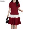 ZANZEA Women Casual Round Neck Short Sleeve Pleated Hem Summer Dress