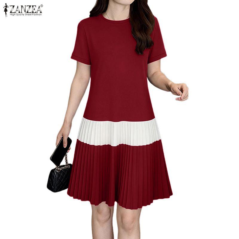 ZANZEA Women Casual Round Neck Short Sleeve Pleated Hem Summer Dress