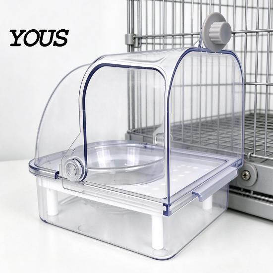 Bird Cage Accessory Feeder with Bowl, Transparent Parrot Bathtub Food Container, Anti-splash No Mess Shower Box for Parakeet Cockatiels Lovebirds