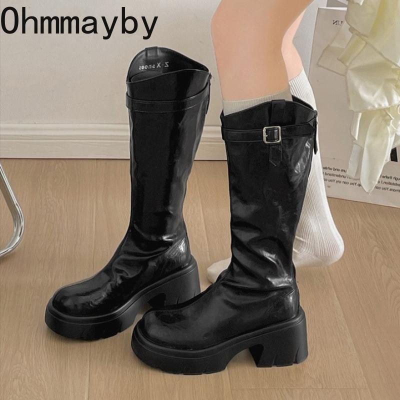 Winter Platform Thick Heel Women Knight High top Cosy Soft Leather Street Mordern Long Booties De Mujes