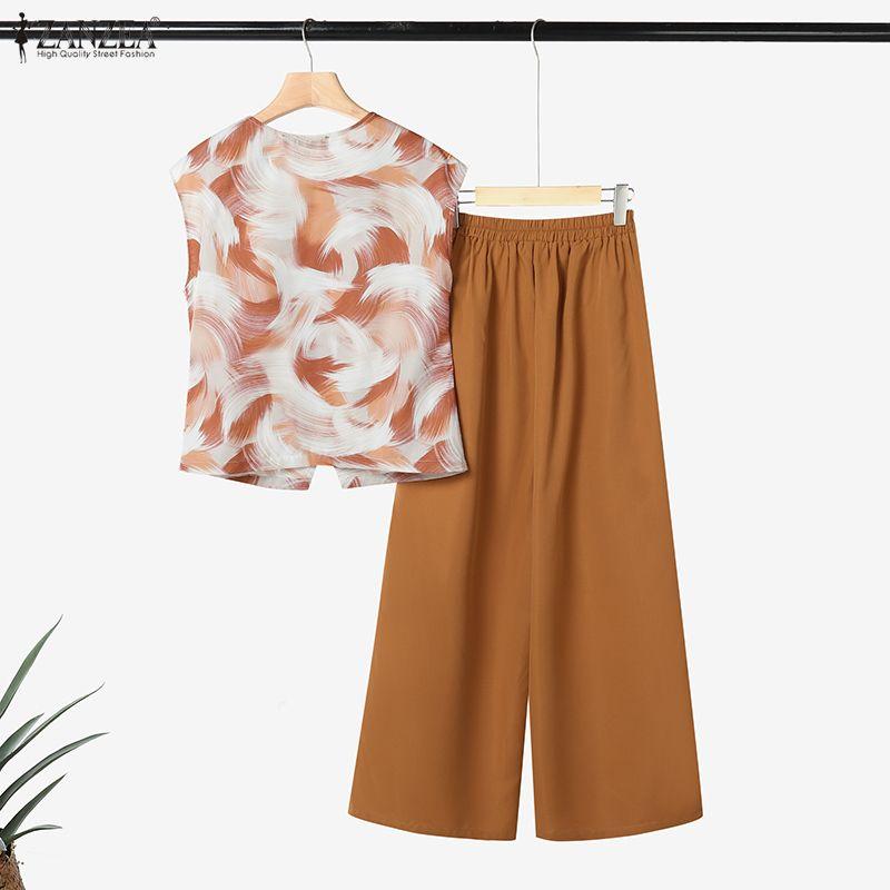 ZANZEA Women Short Sleeve Print Blouse and Long Pants Casual Two Piece Sets