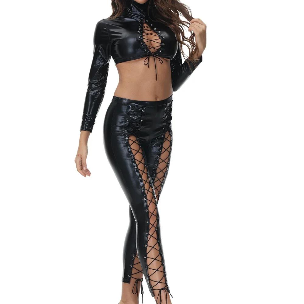 Erotic New Women's Sexy PU Faux Leather Two Piece Set Lace-Up Crop Top And Bandage Pants Birthday Night Club Outfit Matching Set