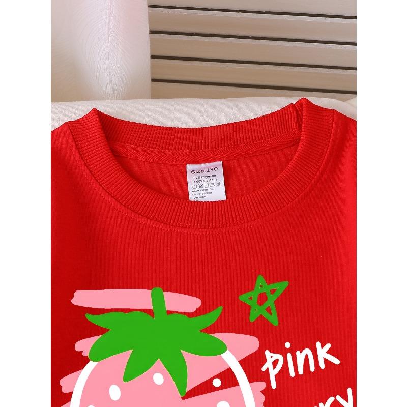 European sizes Girls Soft Crewneck Sweatshirt Pink Berry Strawberry Design, Casual All-Match for Fall Winter, Ideal Holiday Present.