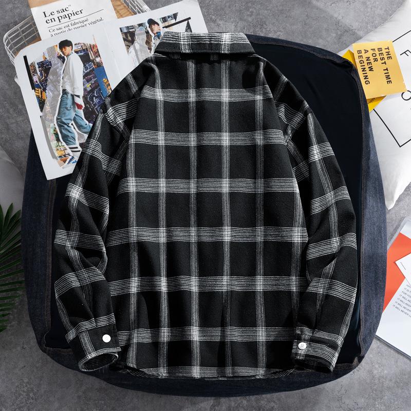 Men's Long-Sleeve Plaid Shirt, Loose Fit, Harajuku Style, Perfect for Spring and Autumn.
