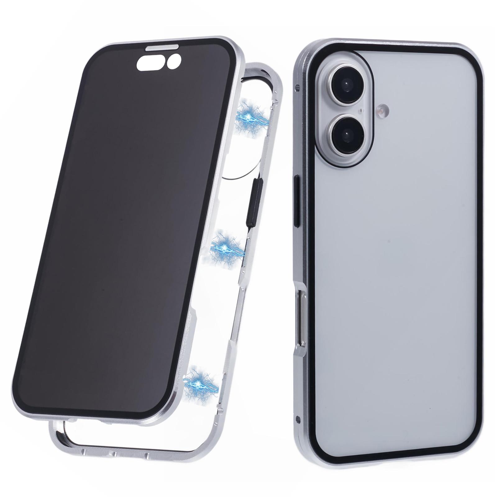 

For iPhone 16 Plus Anti-Spy Case Magnetic Metal Frame+Double-Sided Tempered Glass Phone Cover Silver
