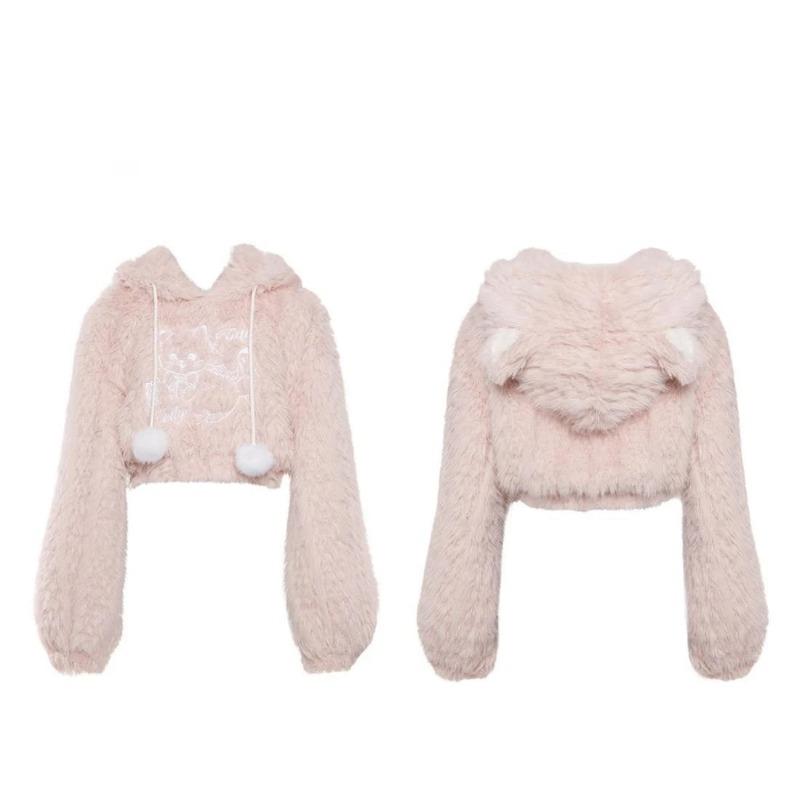 Warm Pink Lolita Kawaii Sweater Women Loose Japanese Sweet Fairy Hooded Tops Female Long Sleeve Korean Pullovers Winter 2024 New