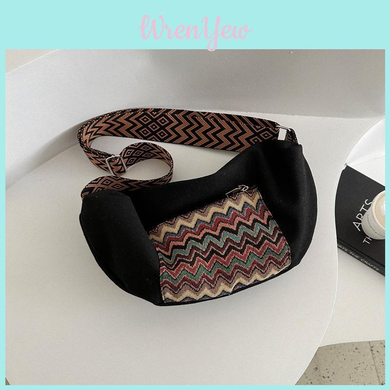 Fashion Ethnic Style Canvas Large Capacity Casual Bag 2024 New Korean Winter Striped Waist Bag Single Shoulder Diagonal Bag Blue