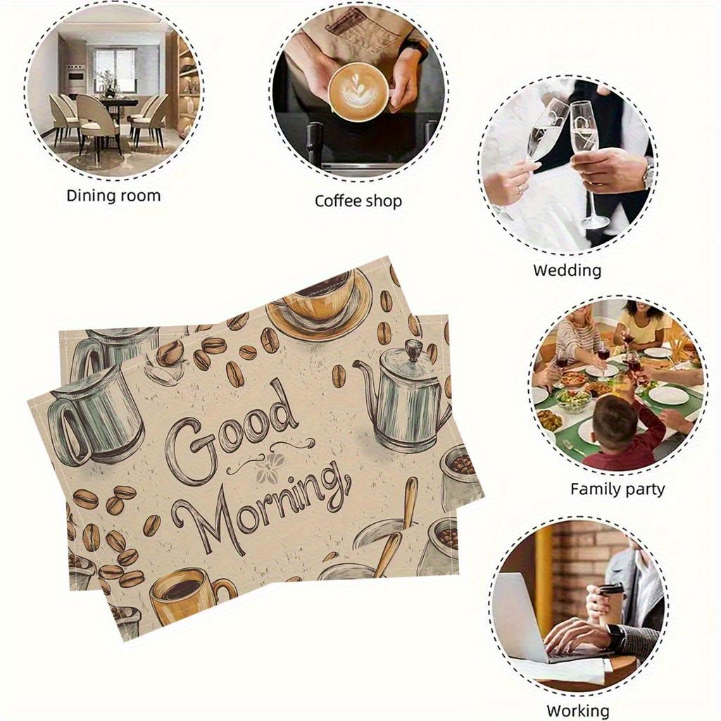 4pcs Linen Placemats, Morning Coffee Theme, Suitable for Kitchen Dining Table Decor, Home Dinner Party Table Decoration, Household Decorative