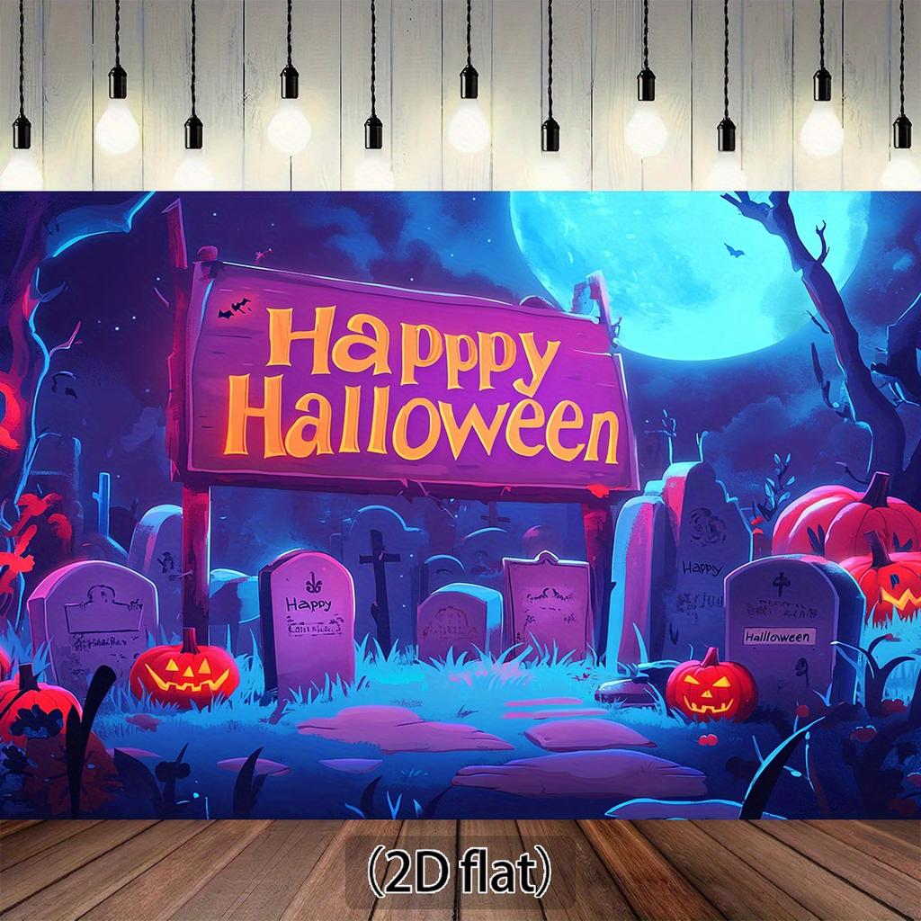 1 piece of Halloween polyester background cloth - Happy Halloween slogan cemetery scene suitable for Halloween decoration