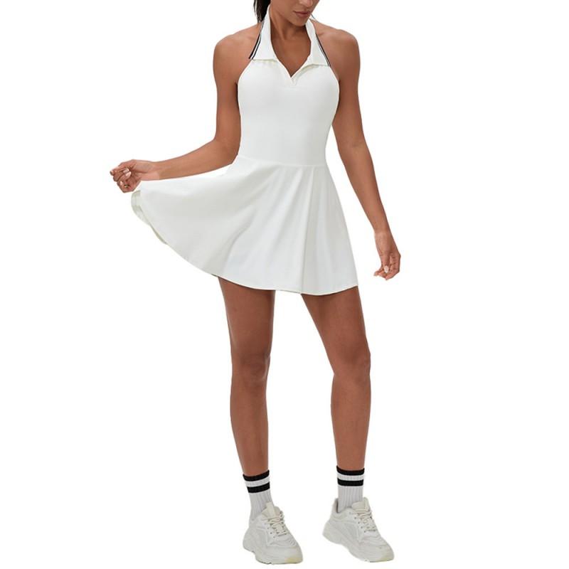 Womens Sporty Halter Neck Tennis Dress With Contrast Collar Golf Fitness Jumpsuit Active Wear