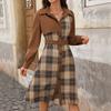 2025 Autumn Winter Lantern Sleeve A-line Corduroy Women Dress Vintage Plaid Patchwork Maxi Dresses Turn-down Collar Dress Female