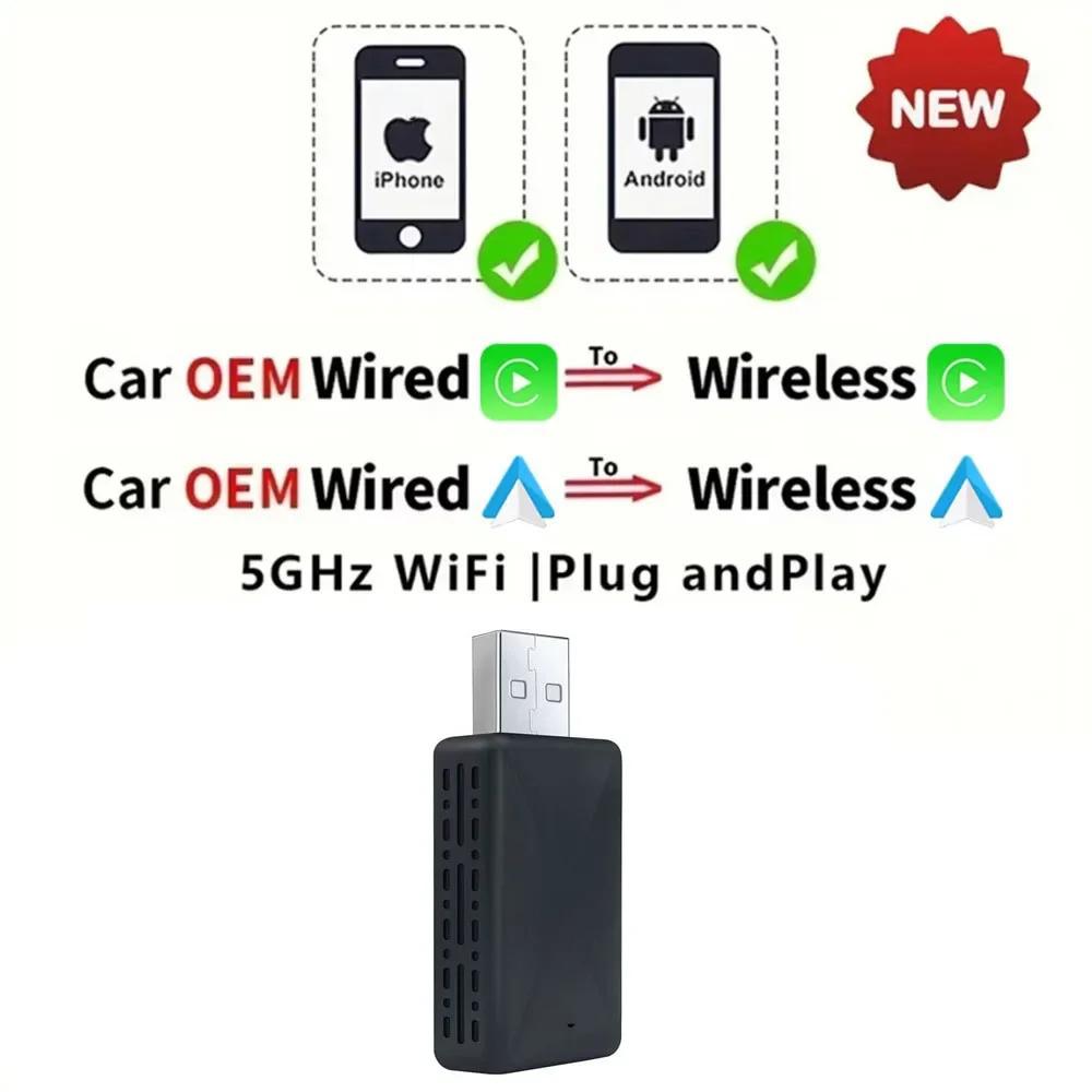 2 In 1 Wired To Wireless Carplay Adapter for IOS Android Wi-Fi 6 Bluetooth 5.4 Auto Smart USB Dongle Plug and Play Carplay Wireless Adapter