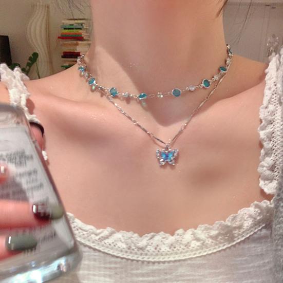Blue Butterfly Necklace Women Rhinestone Choker Butterfly Pendant Necklace for Daily Wear Summer Party Date Beach