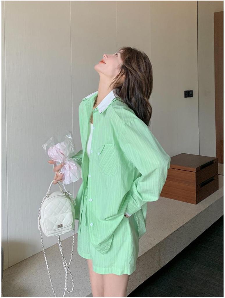 Spring/Summer Color Block Shirt & Elastic Waistband Shorts Set for Women