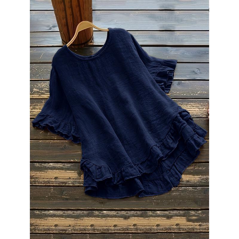 Cross2026 Women's Loose Ruffle Short Sleeve Button-Up Round Neck Shirt