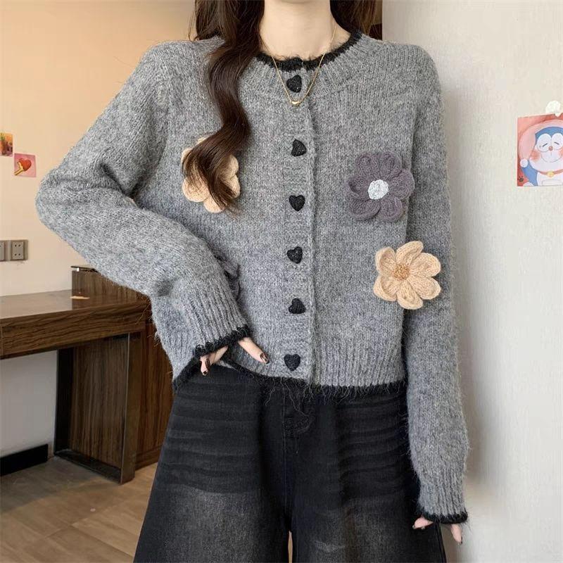 Französisches Temperament Floral Rundhals Pullover Mantel Damen Herbst Winter Lässiger Stil Kurz Gestrickte Strickjacke